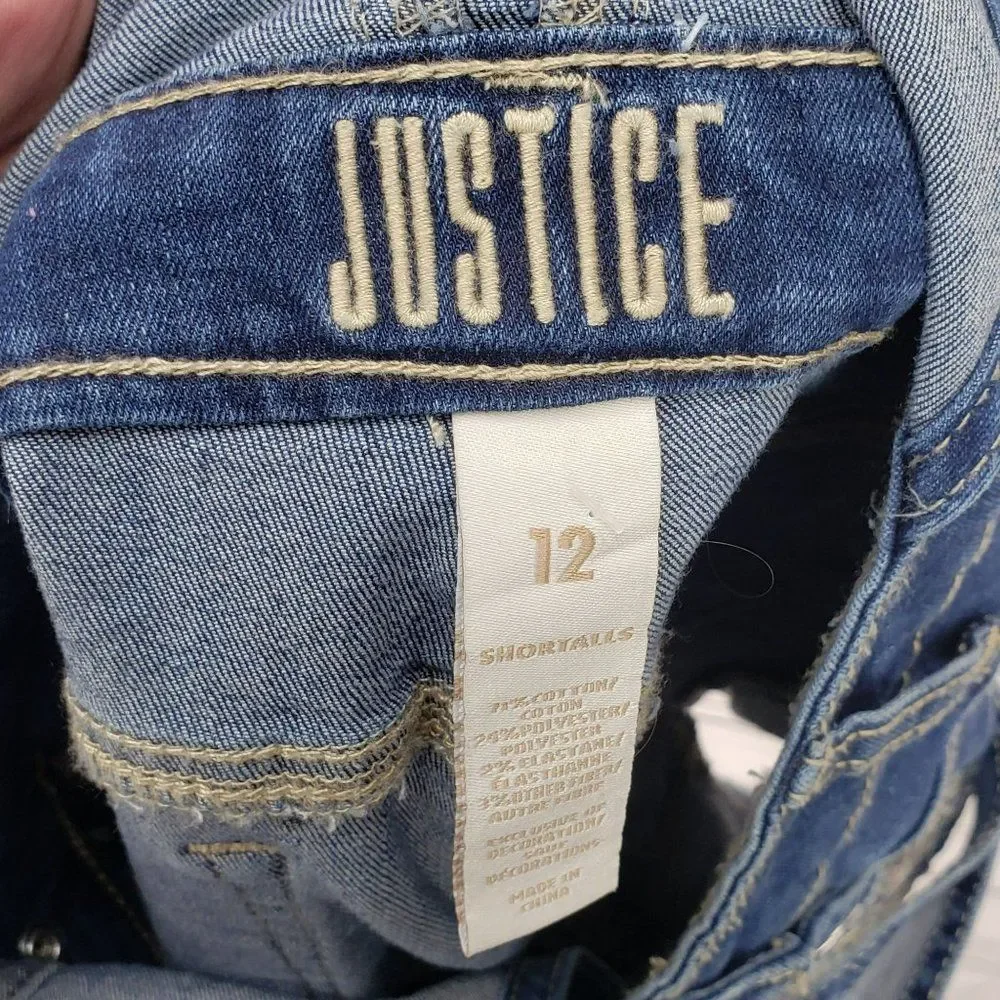 Justice Girl’s Denim Sequin American Flag Summer Shortalls Overalls Size 12‎
